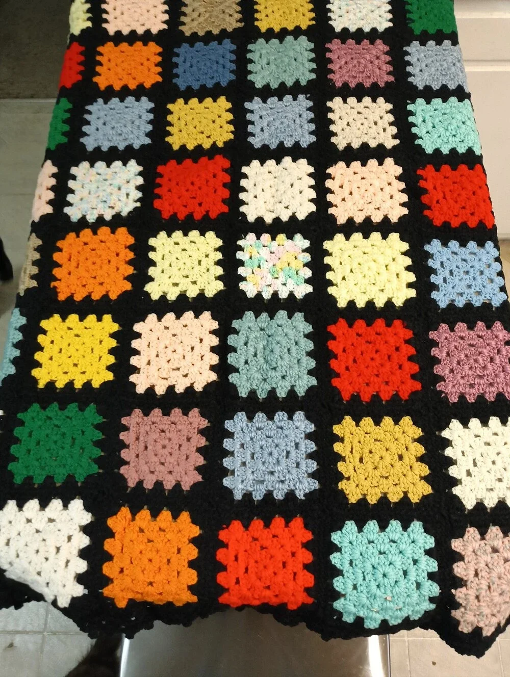 Like New Vintage Handmade Black Multicolor Granny Square Crotchet Afghan